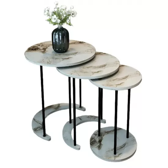 Set masute pentru reviste Prestige Efes 50/40/30 3 pcs, White Marble/Black