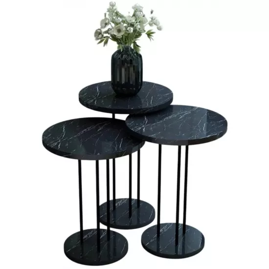 Set masute pentru reviste Prestige Bendir round base 3 pcs, Black Marble/Black