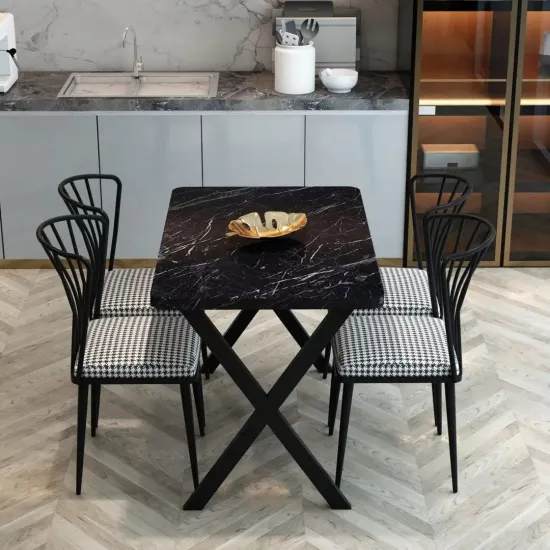 Set de sufragerie Prestige Bendir X Leg 70x110cm 1+4, Black Marble/Black/White
