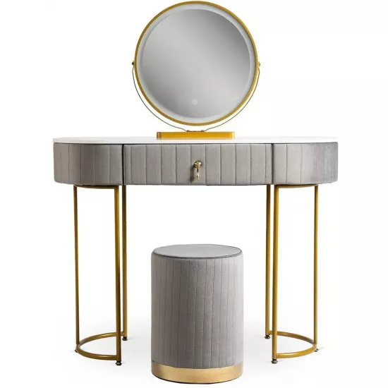 Masă toaletă Mebel Elite Ashley cu oglinda si puf, Grey/Golden