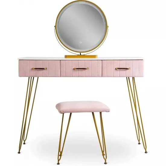 Masă toaletă Mebel Elite Sandy cu oglinda si puf, Pink/Golden