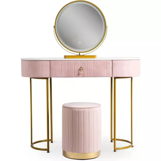 Masă toaletă Mebel Elite Ashley cu oglinda si puf, Pink/Golden
