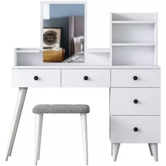 Masă toaletă Mirage Meble BJ101 cu taburet, White/Black