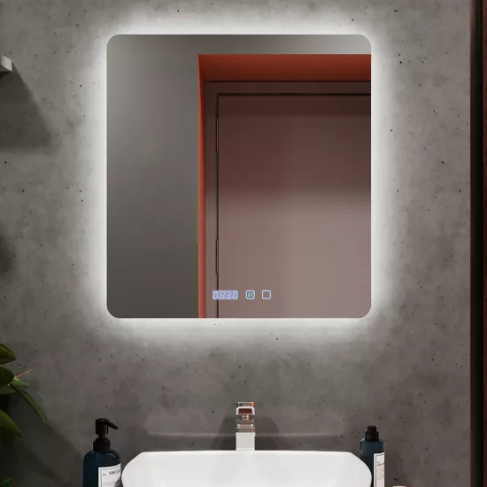 Oglindă pentru baie Bayro Moon 70x80, LED touch neutru cu dezaburire, ceas si termometru (124192)