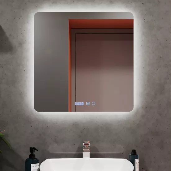 Oglindă pentru baie Bayro Moon 80x80, LED touch neutru cu dezaburire, ceas si termometru (124193)