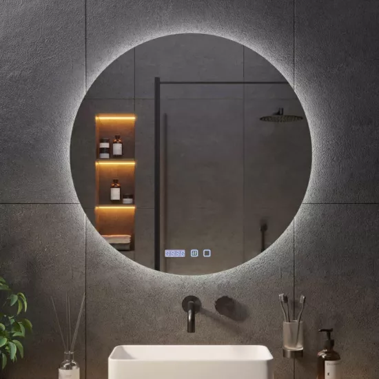 Oglindă pentru baie Bayro Moon rotunda 90x90, LED touch neutru cu dezaburire, ceas si termometru (124197)