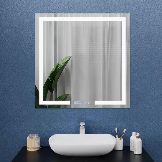 Oglindă pentru baie Bayro Otto 80x80, LED touch cu dezaburire, ceas si termometru (120669)
