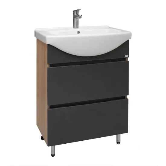 Dulap pentru lavoar Mashtab Sonata (Sava) 65 cm, pardoseală cu 2 sertare (fără mâner), Sonoma/Antracit (11795)