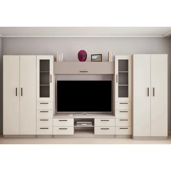 Стенка Bafimob Людмила Mini-Т стекло (ТВ-1,5m) (390 см), Тоффи/Беж