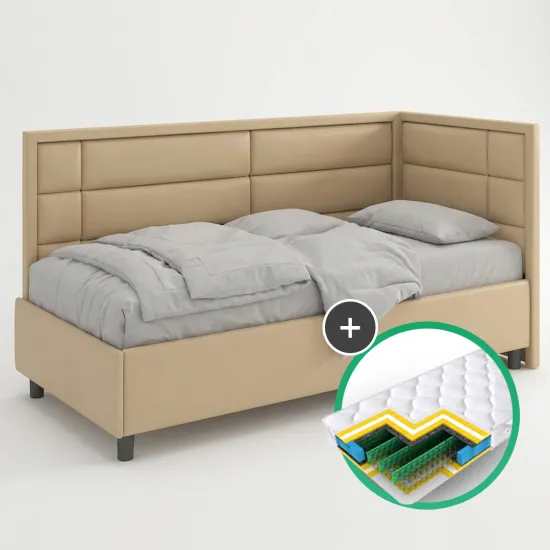 Set pat Ambianta Amigo 0.9m Beige cu tablie laterala + saltea Saltconfort Classic 90x200