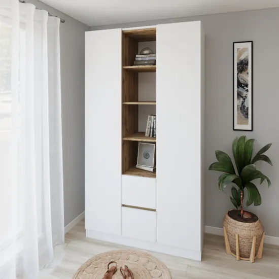 Dulap Smartex N14, 140x52x220 cm, Alb/Stejar Închis