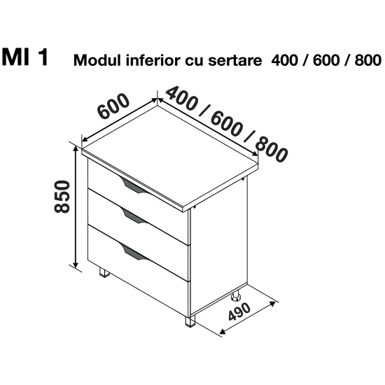 Modul inferior Ambianta Gloria MI1 800 cu 3 sertare, MDF, Catania