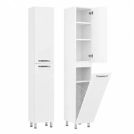 Dulap înalt pentru baie Mashtab Agat 45x190x35, cu cos pentru rufe, Alb (12340)