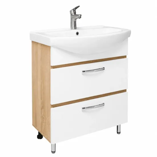 Dulap pentru lavoar Mashtab Agat (Basic) 65 cm, pardoseală cu 2 sertare, Alb/Sonoma (11520)
