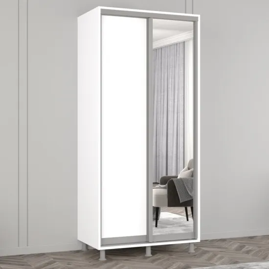 Dulap-cupeu Mobildor Aron S, 130x220x60 cm, uși oglindă și PAL, Alb