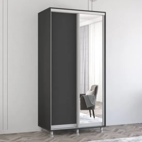 Dulap-cupeu Mobildor Aron S, 110x200x60 cm, uși oglindă și PAL, Antracit