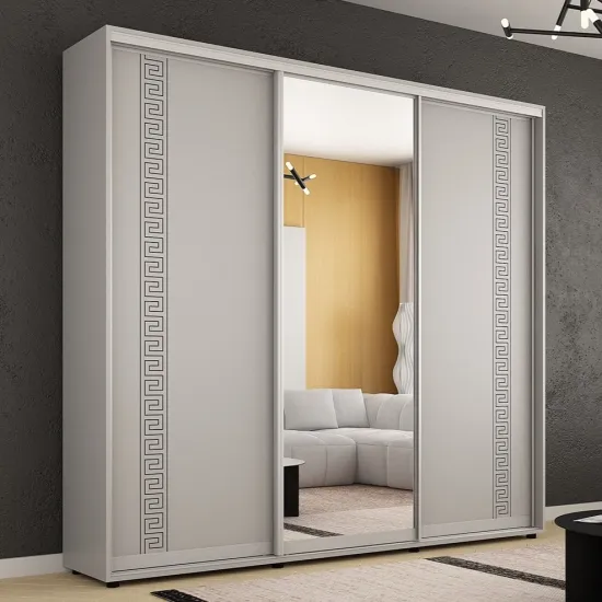 Шкаф купе Mobildor Compact, 250x210x45 cm, двери Зеркало + ДСП с греческим орнаментом, Серый