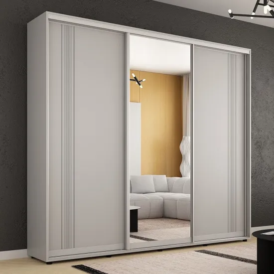 Dulap-cupeu Mobildor Compact, 250x200x45 cm, uși Oglindă + PAL cu ornament linii, Gri