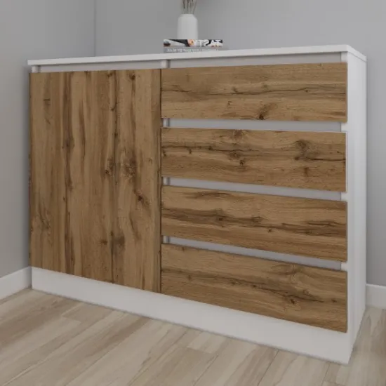 Comodă Smartex T2 cu 4 sertare și rafturi, 80x42.5x90 cm, Alb/Stejar Închis