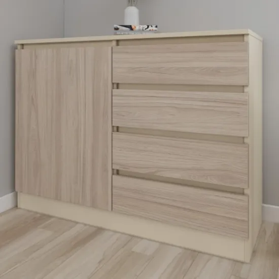 Комод Smartex T2 с 4 ящиками и полками, 80x42.5x90 см, Слоновая кость/Дуб Светлый