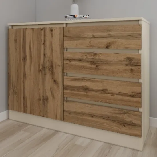 Comodă Smartex T2 cu 4 sertare și rafturi, 80x42.5x90 cm, Ivory/Stejar Închis