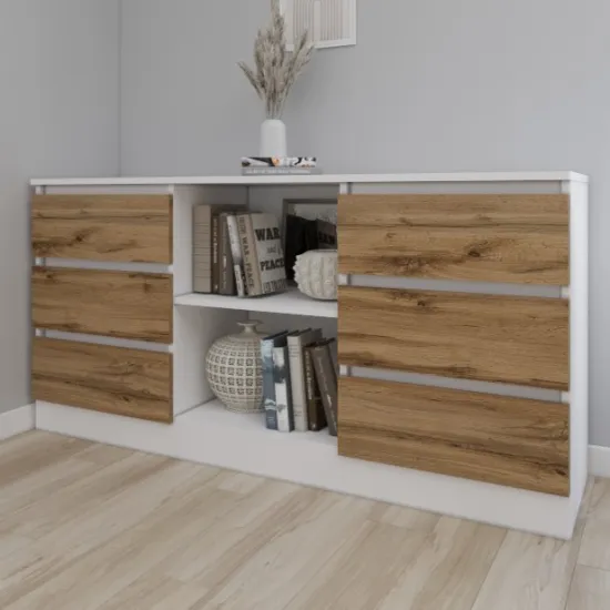 Comodă Smartex T3 cu 6 sertare și rafturi deschise, 120x42,5x80 cm, Alb/Stejar Închis