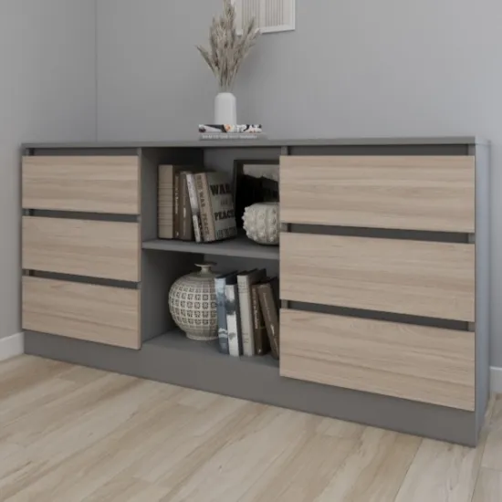 Комод Smartex T3 с 6 выдвижными ящиками и открытыми полками, 120x42,5x80 см, Графит/Дуб Светлый