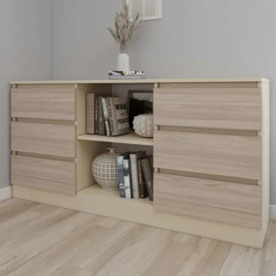 Комод Smartex T3 с 6 выдвижными ящиками и открытыми полками, 120x42,5x80 см, Слоновая кость/Дуб Светлый