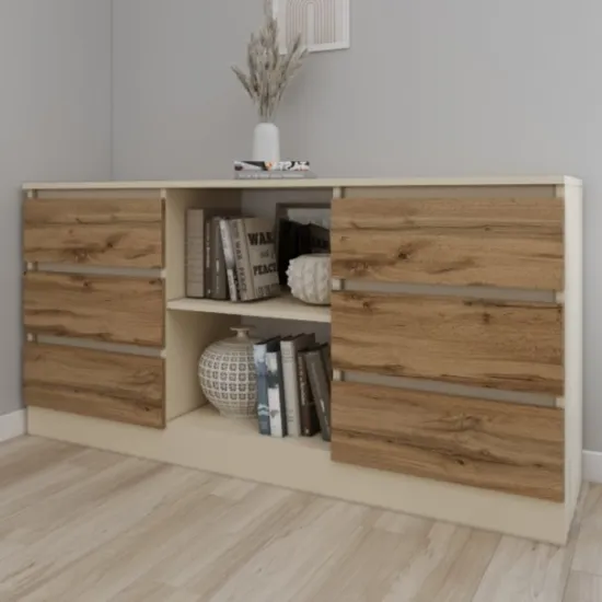 Комод Smartex T3 с 6 выдвижными ящиками и открытыми полками, 120x42,5x80 см, Слоновая кость/Дуб Тёмный