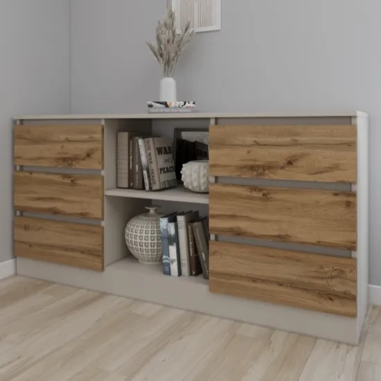 Comodă Smartex T3 cu 6 sertare și rafturi deschise, 120x42,5x80 cm, Cașmir/Stejar Închis