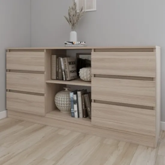 Комод Smartex T3 с 6 выдвижными ящиками и открытыми полками, 120x42,5x80 см, Дуб Светлый