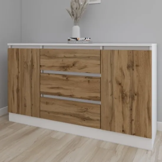 Comodă Smartex T4 cu 3 sertare, rafturi și dulapuri laterale, 100x42,5x80 cm, Alb/Stejar Închis