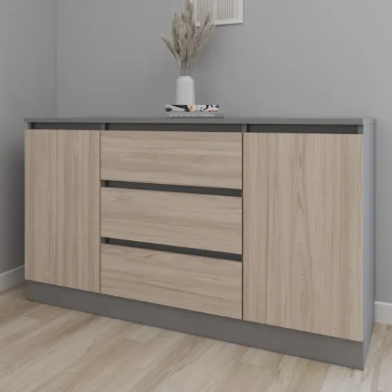 Comodă Smartex T4 cu 3 sertare, rafturi și dulapuri laterale, 100x42,5x80 cm, Grafit/Stejar Deschis