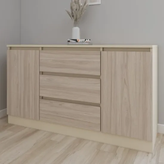 Comodă Smartex T4 cu 3 sertare, rafturi și dulapuri laterale, 100x42,5x80 cm, Ivory/Stejar Deschis