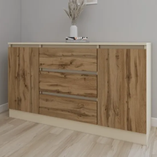 Комод Smartex T4 с 3 выдвижными ящиками, полками и боковыми шкафчиками, 100x42,5x80 см, Слоновая кость/Дуб Тёмный