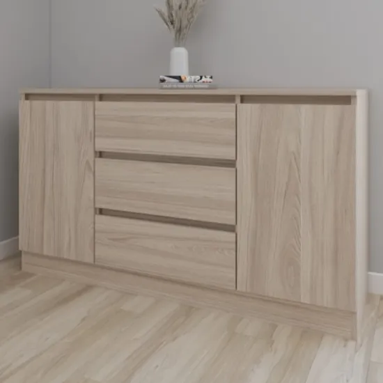 Comodă Smartex T4 cu 3 sertare, rafturi și dulapuri laterale, 100x42,5x80 cm, Stejar Deschis