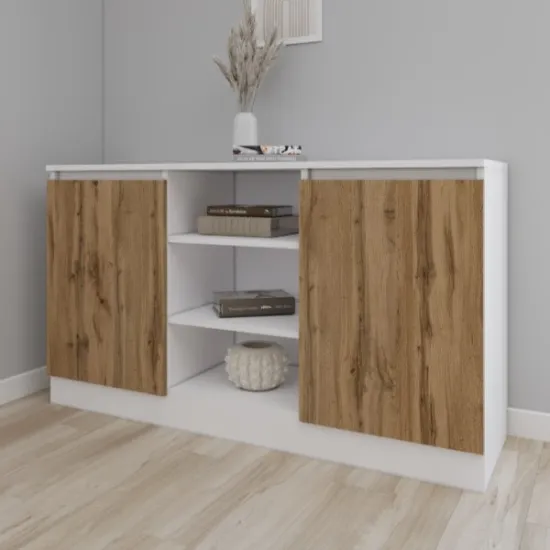 Comodă Smartex T5 cu rafturi, 120x42,5x80 cm, Alb/Stejar Închis