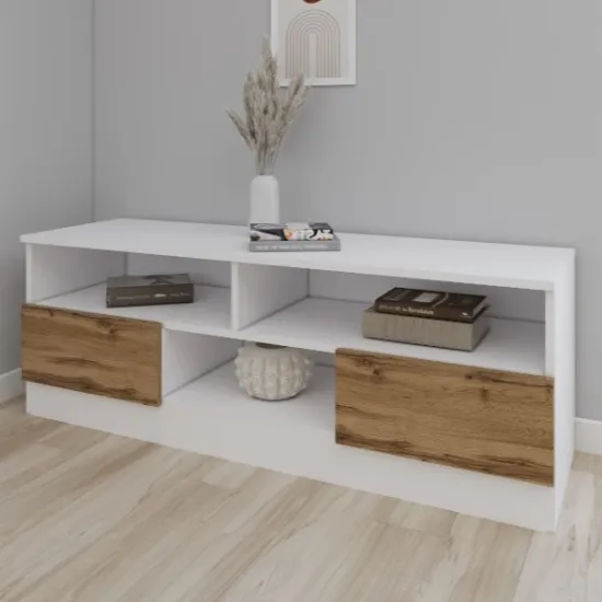 Comoda TV Smartex T6, 120x42,5x50 см, Alb/Stejar Închis