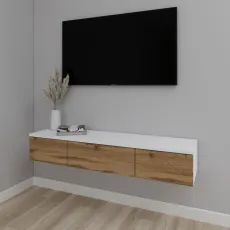 Тумба под ТВ Smartex Т10 навесная, 100x30x20 см, Белый/Дуб Тёмный