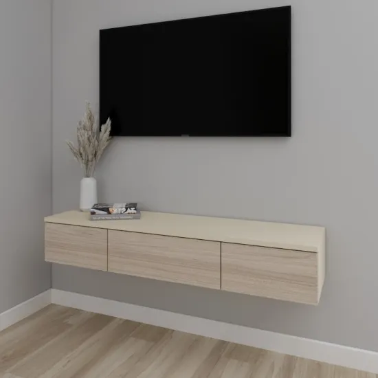 Тумба под ТВ Smartex Т10 навесная, 100x30x20 см, Слоновая кость/Дуб Светлый